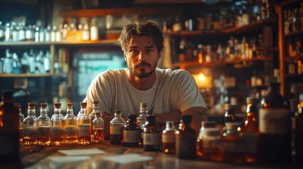 A man sitting at a table surrounded by various bottles of alcohol, reflecting on the Dram Shop Act's implications