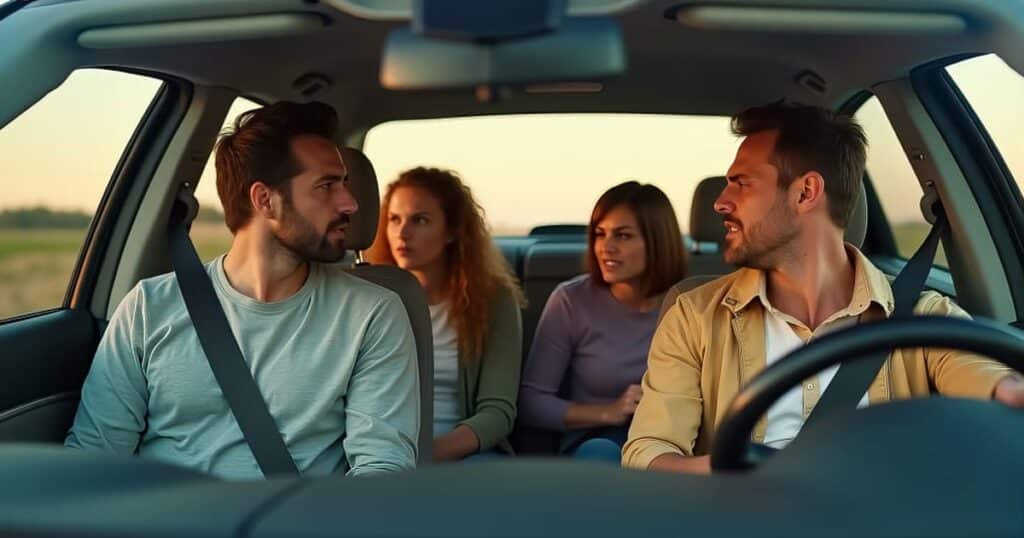 Four people seated in the back of a car, highlighting the social aspect of ridesharing amid safety concerns in Houston
