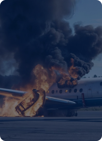 Airplane on fire at an airport runway, with thick black smoke rising into the sky.