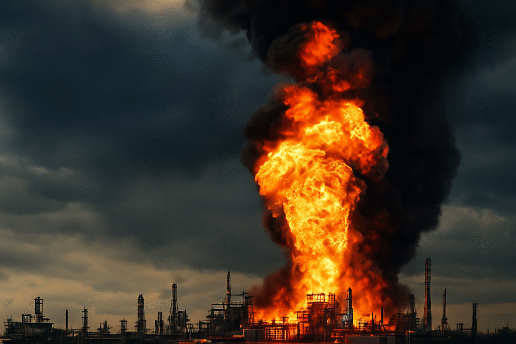 A large oil refinery engulfed in flames, highlighting the aftermath of the Texas chemical plant explosion.