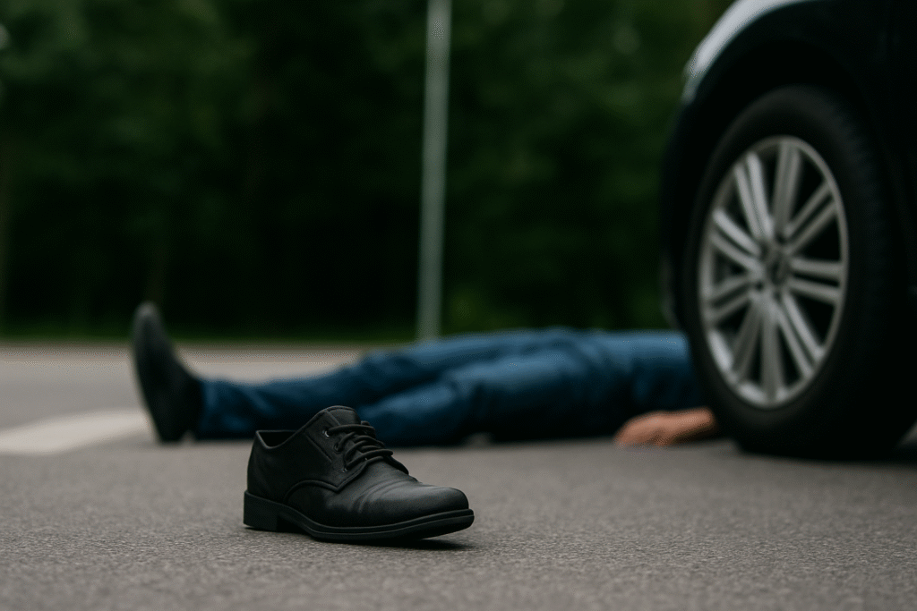 A man lies on the ground beside a car, illustrating a pedestrian accident scenario.