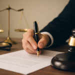 A man signs a contract with a pen while a gavel rests nearby, symbolizing eminent domain law proceedings.