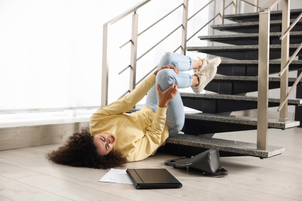 Woman lying on stairs with a laptop and papers, contemplating average slip and fall settlements in Texas.
