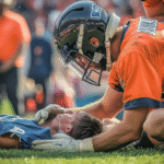 A football player lies on the ground while another player supports his head, highlighting NFL concussion protocol concerns.