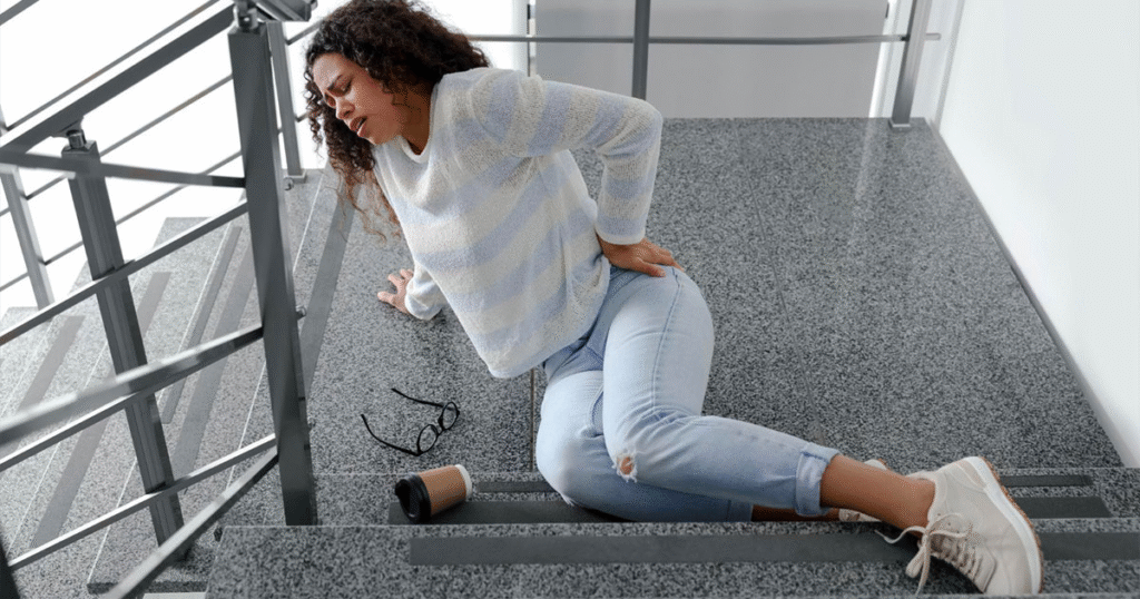 Woman experiencing back pain while sitting on stairs, illustrating the impact of slip and fall incidents.