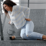 Woman experiencing back pain while sitting on stairs, illustrating the impact of slip and fall incidents.