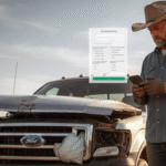 Texas driver standing beside a damaged pickup truck on a rural road, using a smartphone to file an online car insurance claim after an accident.