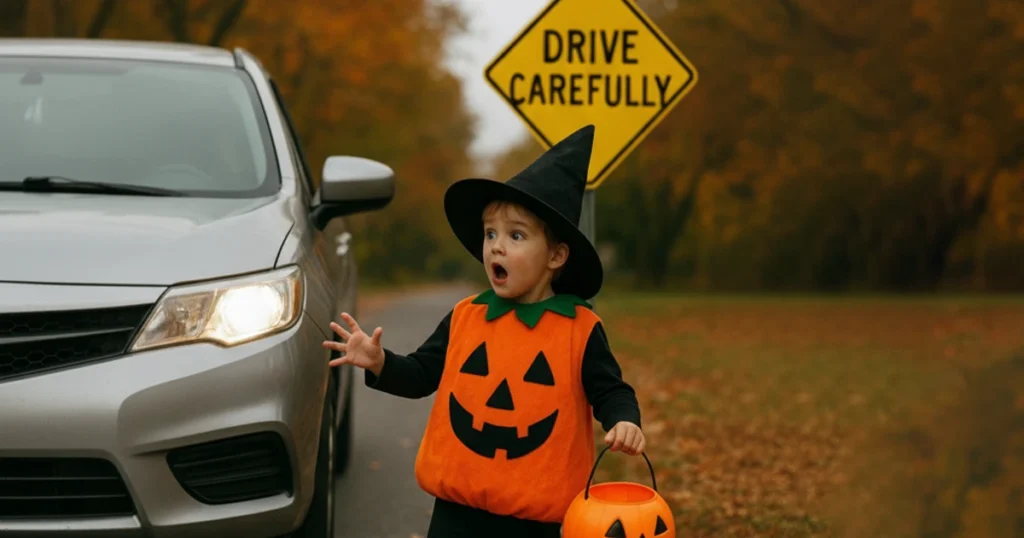 A young boy in a Halloween costume stands beside a parked car, highlighting safety concerns for children during Halloween.