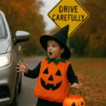 A young boy in a Halloween costume stands beside a parked car, highlighting safety concerns for children during Halloween.