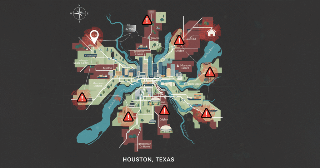 Map of Houston, Texas, with red arrows indicating dangerous intersection points for drivers to be aware of.