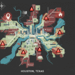 Map of Houston, Texas, with red arrows indicating dangerous intersection points for drivers to be aware of.