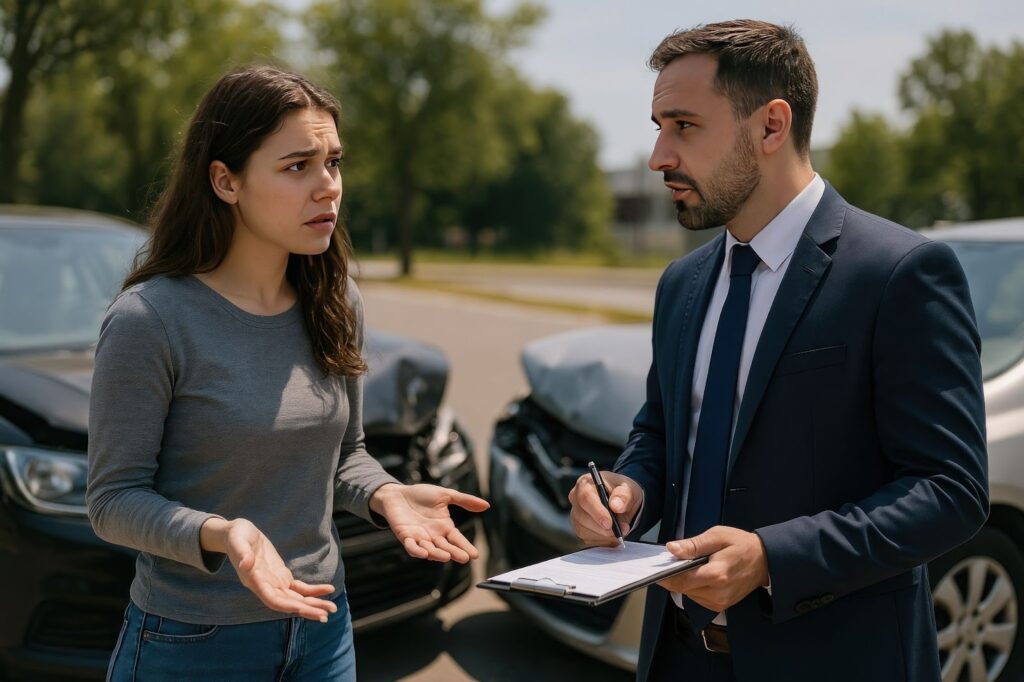 A lawyer discussing paperwork with a concerned driver at the scene of a car accident, with two damaged vehicles in the background.