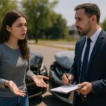A lawyer discussing paperwork with a concerned driver at the scene of a car accident, with two damaged vehicles in the background.
